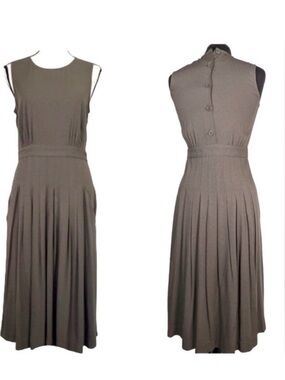 Theory Cassii Button Back Pleated Midi Dress 8 Olive Green Work Office Preppy